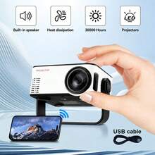 1080P Mini Portable Projector, Multi-Functional Home Entertainment Cinema, Daily Use - Black and White - USB Version - View 4
