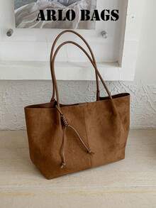 Vertical Split Line Woven Twist Drawstring Decor Tote Bag With Shoulder Strap, Large Capacity Soft Tote Style, Shoulder Handbag With Woven Drawstring Closure, Vintage Korean Minimalist Relaxed Commuter Style, Suitable For Women, Office Workers, Students, Commuting, Shopping, Travel - Brown - View 8