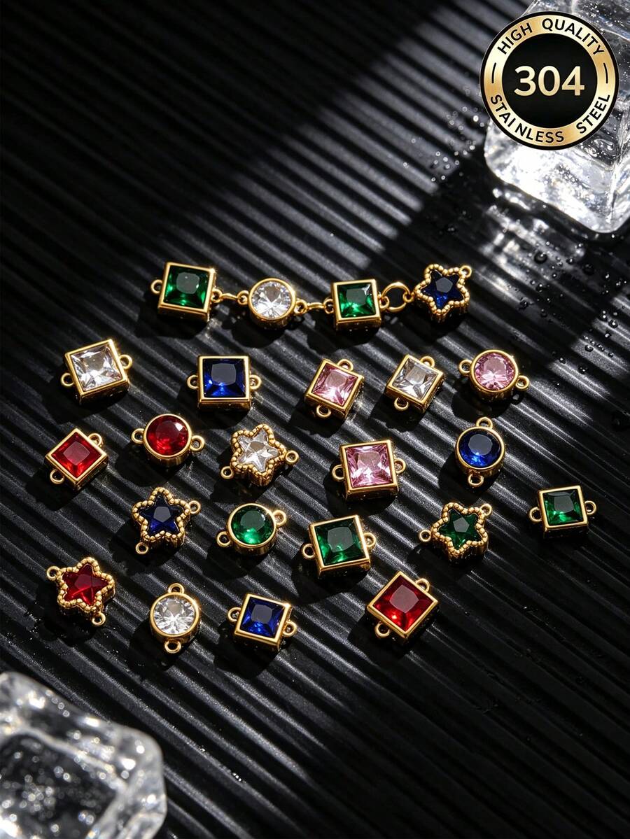 1pc Stainless Steel Star, Round And Square Double Hole Connector, Suitable For Necklace And Bracelet - DIY Jewelry Making Accessories - Connector - View 1