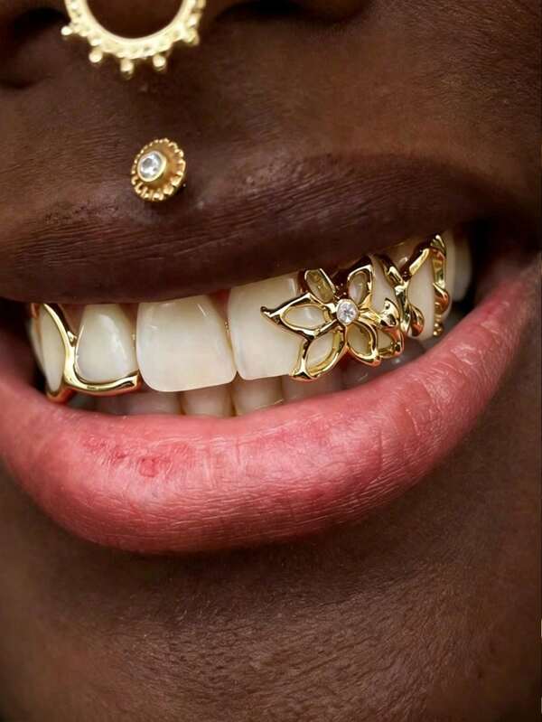 Luxury CZ Diamond Flower Hip Hop Style Gold & Silver Color Teeth Grillz, Customizable Dental Jewelry For Women And Men