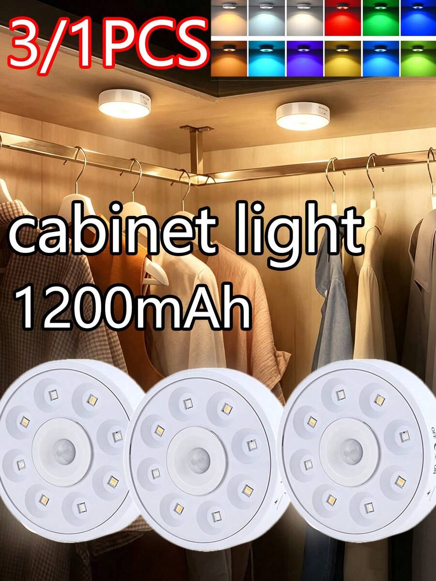 3/1pc Magnetic RGB Sensor LED Puck Light, USB Rechargeable Under Cabinet Night Light, 1200mAh Wireless Adhesive Light, Suitable For Wardrobe, Cabinet, Bedroom Decoration - Rechargeable Motion Sensor Cabinet Light - View 1