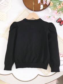 Tween Girl Knitted Round Neck Cute Puff Sleeve + Button Bow Design, Elegant Suitable For Outings Or Parties - Black - View 6