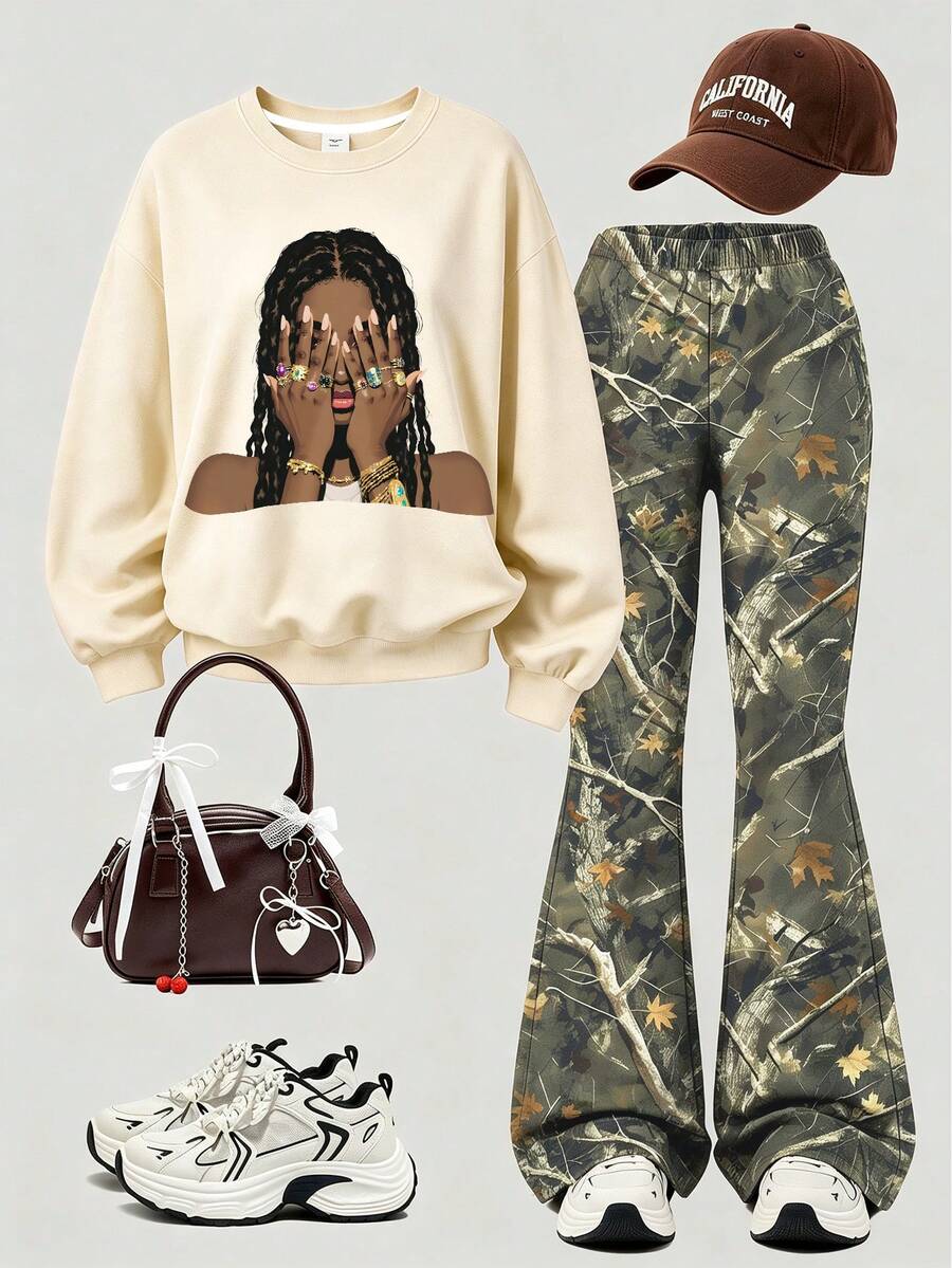 Teen Girls Personalized Fashion Allover Print Crew Neck Sweatshirt & All-Over Dried Leaf Print Pants 2pcs Set, Autumn Winter Outfit, Campus Style, Homecoming Wear - Apricot - View 1
