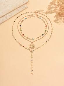 3pcs/Set Luxury Ins Style Sun Pendant Decoration Colorful Rhinestone Y-Shaped Necklace Gold Color Women's Neck Jewelry Suitable For Daily Wear, Summer Vacation, Dating And Party, Chain Length Cut By Segment And Not Fixed, Colorful Rhinestone Color Arrangement Is Random And Not Fixed - Multicolor - View 2