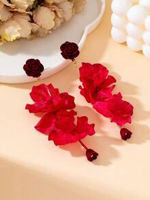 1 Pair Vintage Luxury Red Summer Bohemian Style Pleated Rose Pendant Earrings For Women - Red - View 4