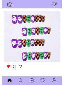 Halloween 30pcs Short Oval Press-On Nails, Bat, Ghost, Checkerboard Pattern Design, Acrylic Material Set Includes: 1pc Jelly Glue And 1pc Nail File - Multicolor - View 3