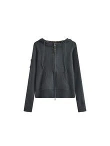 Vintage Plaid Hooded Grey Knit Cardigan Sweater Jacket, Slim Fit, High-End Korean Style Spring Top For Women - Picture Color - View 6