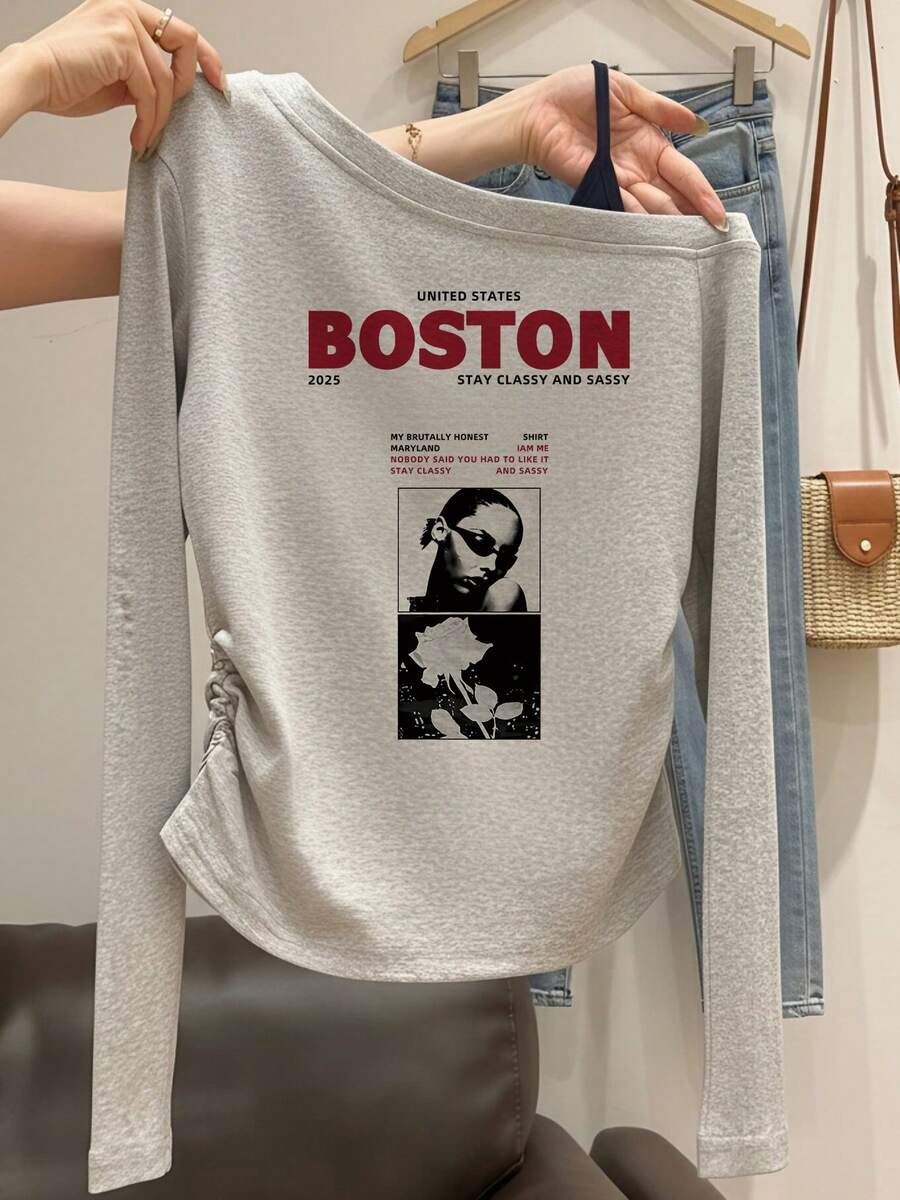 2025 BOSTON Red Label Letter Portrait Rose Print Asymmetrical Shoulder Long Sleeve Fitted Ruched Base Layer Top, Hot Girl Style, Autumn - Light Grey - View 1