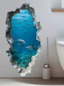 1pc Underwater World Hole Effect Sticker, Dolphin & Shark Decor Sticker, Creative Bathroom Wall Decor Self-Adhesive Removable - Multicolor - View 2