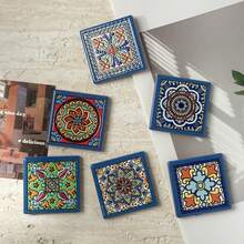 Vintage Bohemian Style Geometric Pattern Embossed Textured Square Red Clay Ceramic Fridge Magnet, Suitable For Home Decor, Refrigerator Magnet And Holiday Birthday Gift - Square Fridge Magnet - View 3