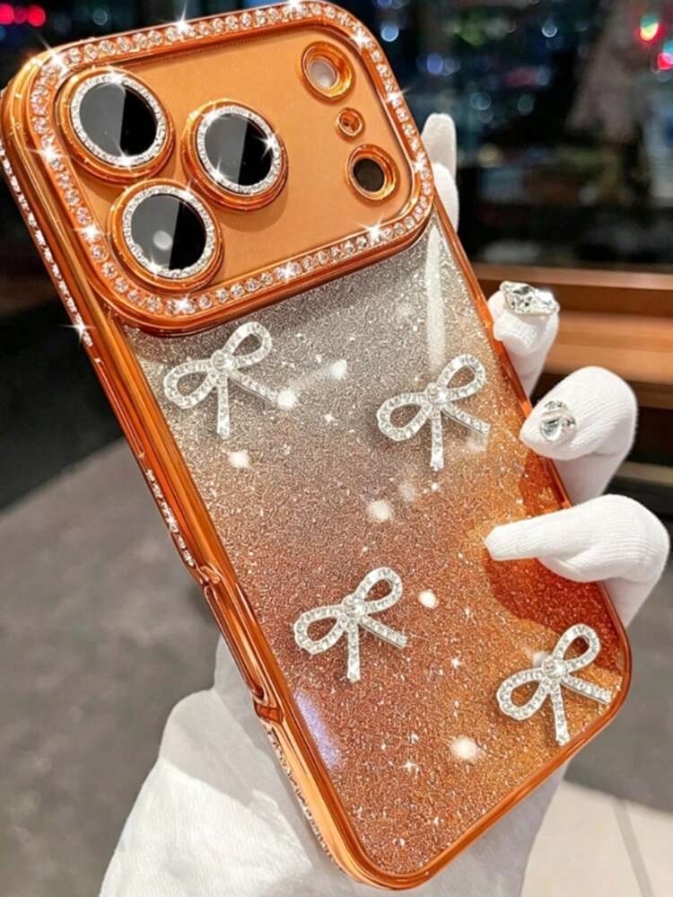 Luxury Cute Glitter Rhinestone Bow Camera Protection Phone Case For IP 17 Promax 17 Pro 17 16 Promax 16 Pro 16 15 Pro Max 15 Pro 15 14 13 17Air Girls Ladies Wavy Edge Soft Case Gift - Orange - View 10