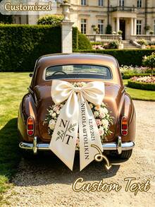 Romantic Wedding Car Rear Decoration Bow,Custom Name Print Satin Ribbon Bow With Pink White Artificial Rose Flower, Bridal Wedding Ceremony Party Car Ornament Supplies - Multicolor - View 2