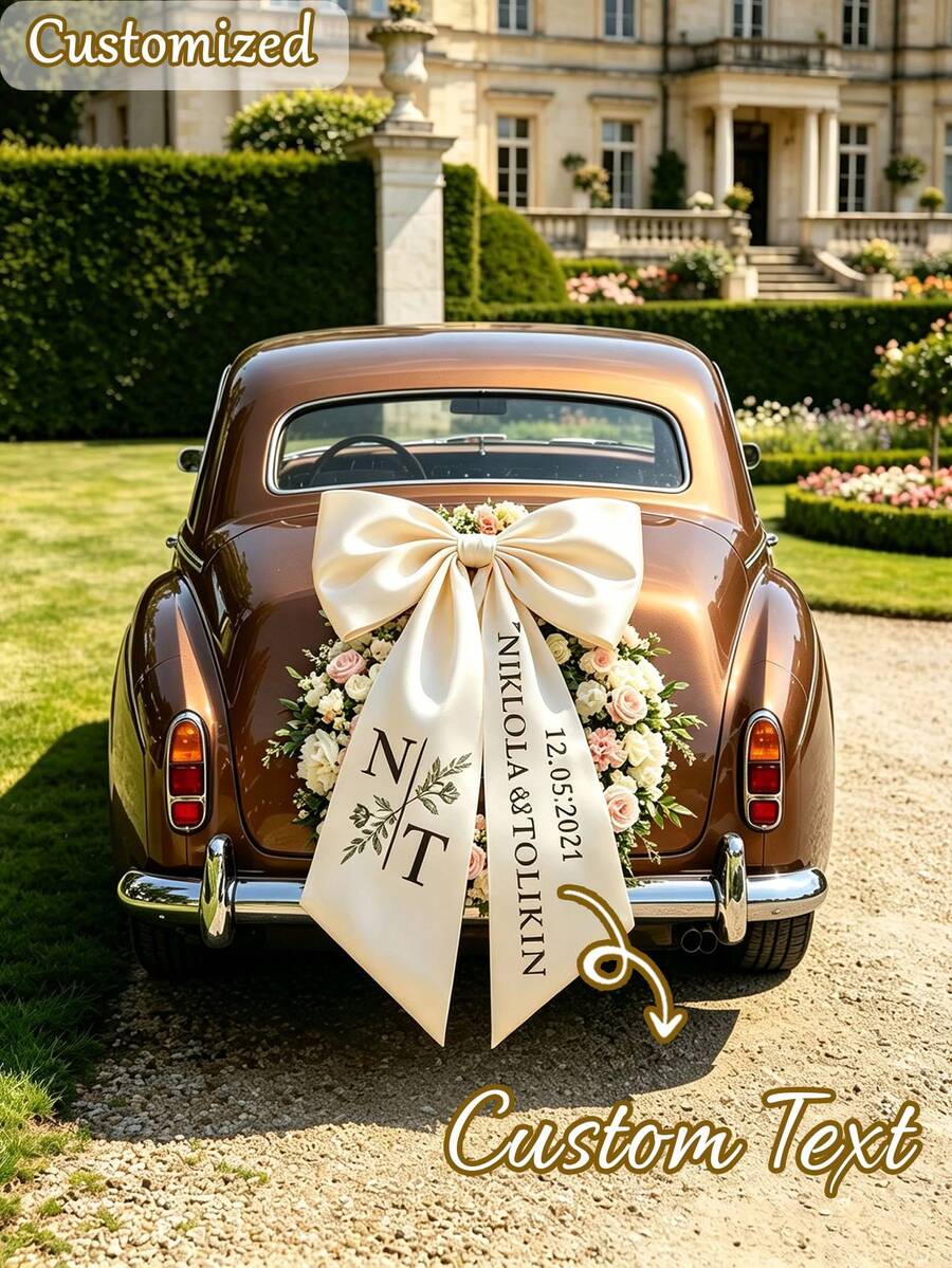 Romantic Wedding Car Rear Decoration Bow,Custom Name Print Satin Ribbon Bow With Pink White Artificial Rose Flower, Bridal Wedding Ceremony Party Car Ornament Supplies