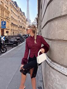 Women's Stand Collar Frog Button Faux Suede Jacket, Artificial Fur Cuffs Long Sleeve Slim Fit Short Coat - Burgundy - View 3