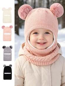 Autumn/Winter Kids Pullover Hat With Double Pom Poms, Ear Flaps, Solid Color Cute Knitted Woolen One-Piece Hat For Baby Boys And Girls - Multicolor - View 1