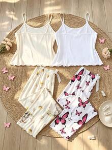 4pcs/2sets Women's Cool Camisole & Long Pants Pajama Set, Animal Elephant & Butterfly Print, Spaghetti Strap Top With Bow Waist Decor, Comfortable Loose Fit, Suitable For All Seasons, Home Wear - Multicolor - View 2