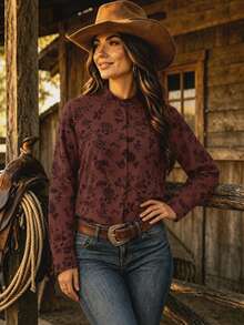 Women's Plus Size Elegant Long Sleeve Floral Print Lapel Button Shirt, Suitable For Autumn Daily Wear And Vacation - Mocha Brown - View 1