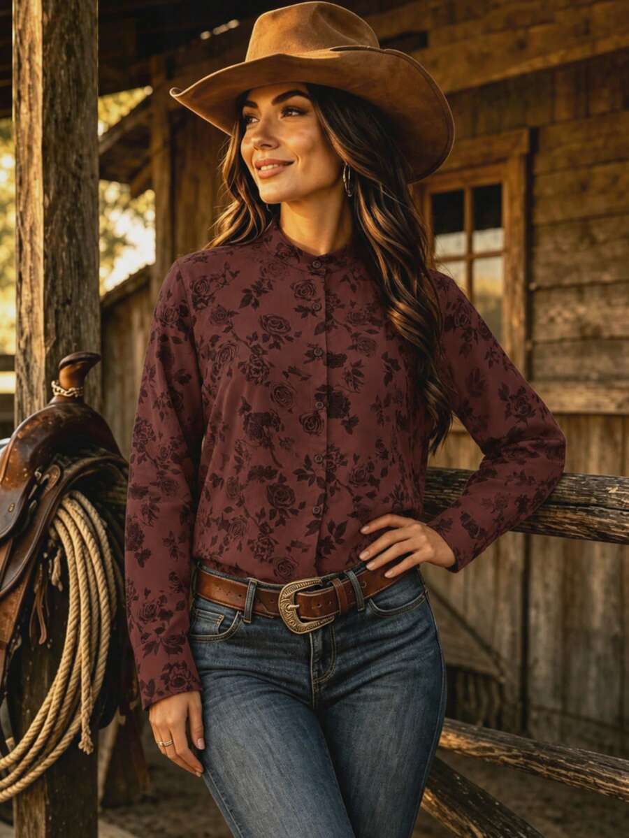 Women's Plus Size Elegant Long Sleeve Floral Print Lapel Button Shirt, Suitable For Autumn Daily Wear And Vacation - Mocha Brown - View 1
