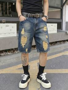 Teen Boy's Washed Vintage Comfortable Straight Leg Distressed Denim Shorts - Dark Wash - View 2
