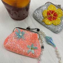 水果花卉串珠迷你零錢包，海洋風珍珠鍊扣式開合，清新甜美女款海灘度假旅行零錢袋 - 彩色 - 查看 4