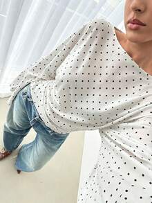 Polka Dot Print Pleated Women's T-Shirt, Casual Versatile Style For Daily Wear And Travel - White - View 4