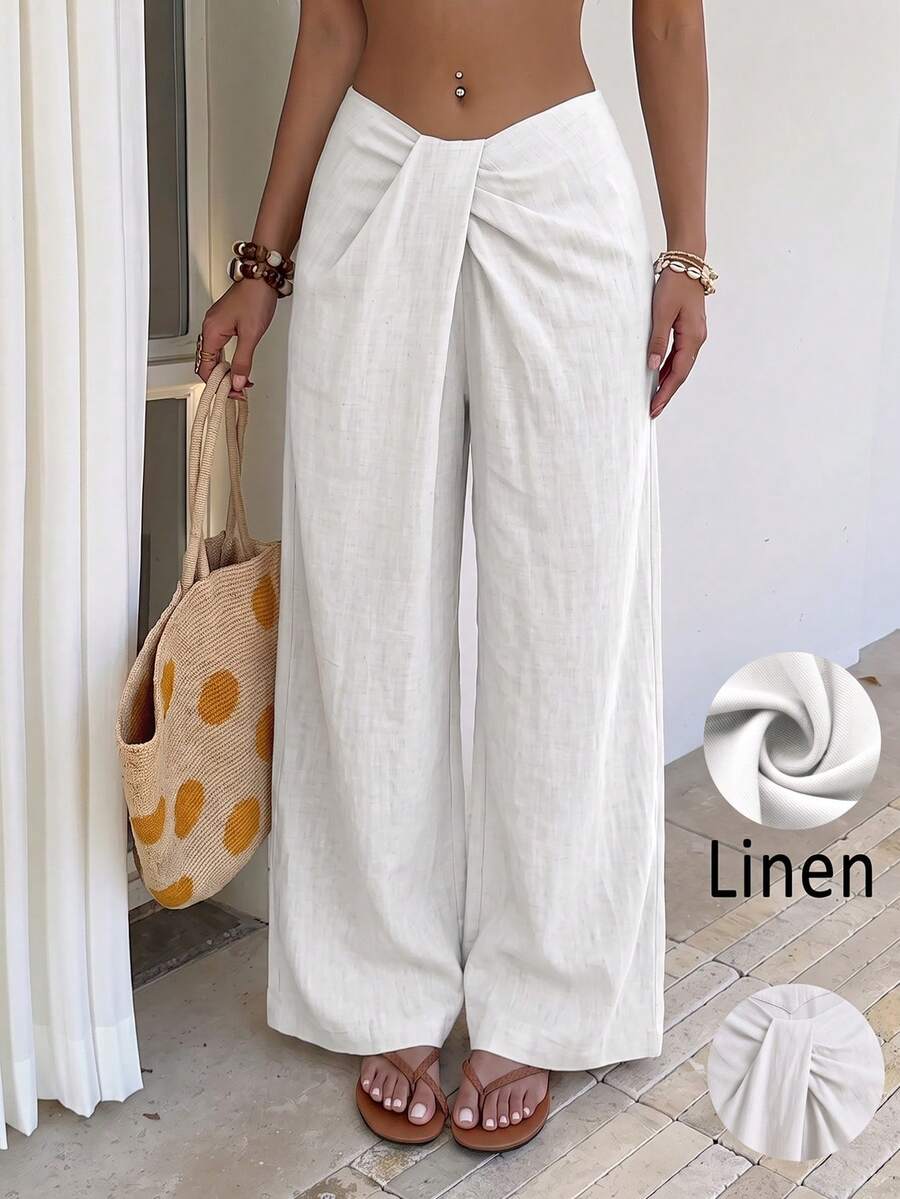 Celana Panjang Wanita Linen dengan Simpul Depan, Pinggang Rendah, Model Draping, dan Kerutan, Potongan Longgar, Kaki Lebar, Celana Kasual untuk Liburan Musim Panas, Putih - Putih - View 1