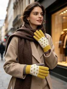 1pc Retro Color-Blocked Floral Pattern Knitted Gloves, Retro Mori Girl Style, Five-Finger Split Fit, Touchscreen Exposed Fingertips, Ribbed Cuffs, Suitable For Commuting, Outdoor Activities, And Everyday Life In Autumn And Winter. - Multicolor - View 3