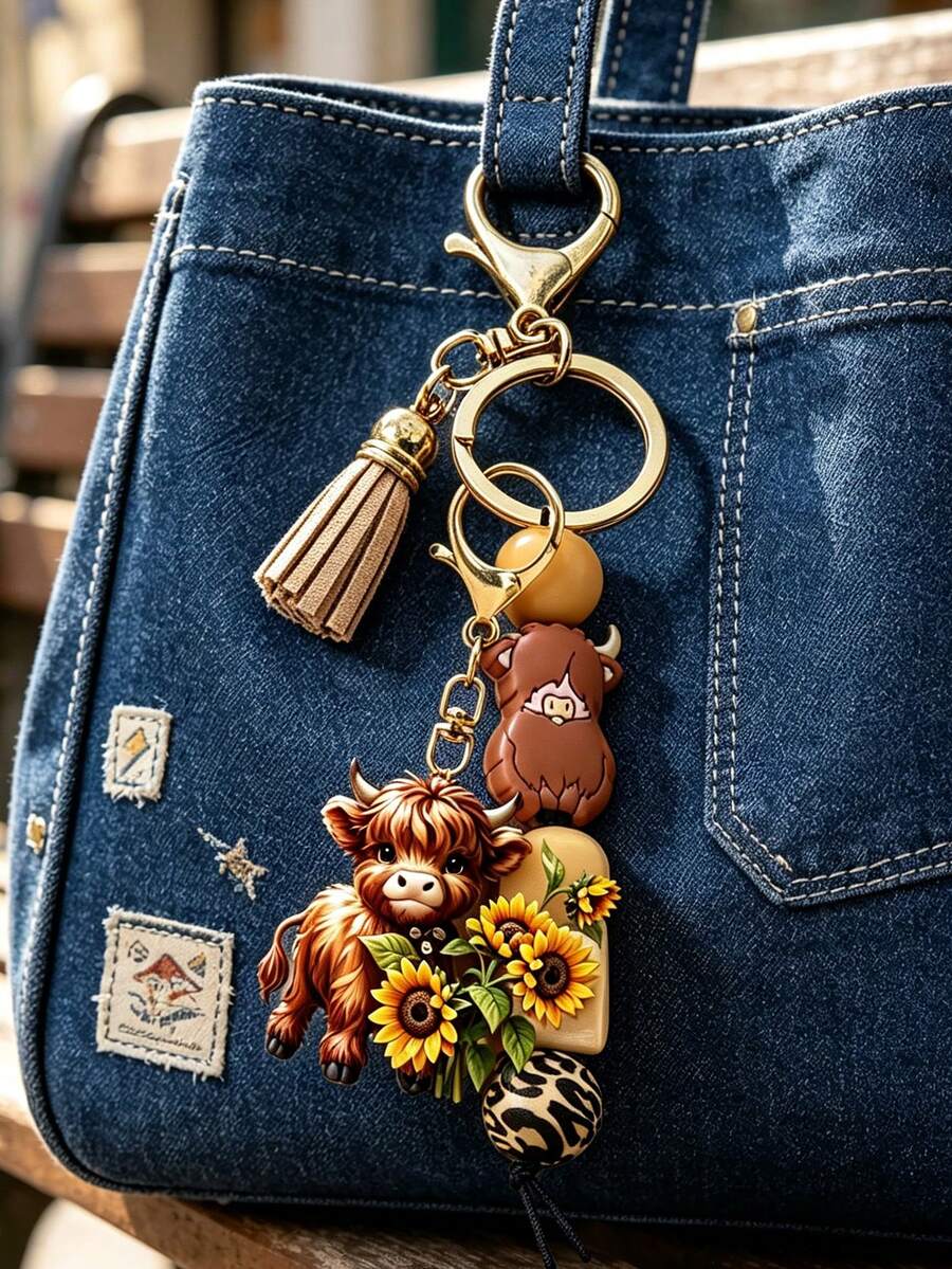 Highland Cow Keychain Gifts With Tassel,Cow Shaped Pendant Keychain Beaded Keyring With Colorful Tassels Key Rings Accessories For Women Men - Multicolor - View 1