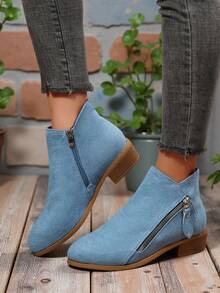 Women's Ankle Boots Pointed Toe Mid-Heel Chunky Heel Double Zipper Boots For Autumn, Suitable For Holidays And Vacations - Blue - View 2