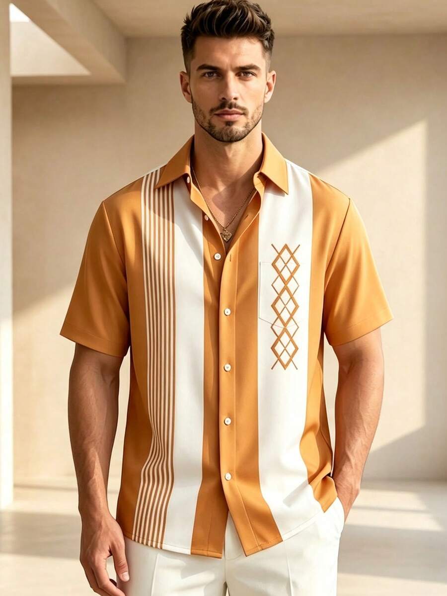 Vintage Bowling Stripe Geometric Print Men's Button Pocket Shirt