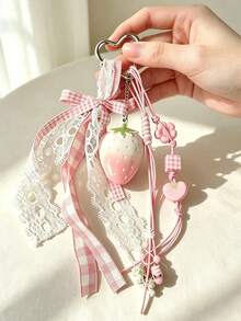 1pc Handmade Personalized Strawberry Keychain With Sweet Bow, Bag Charm - Multicolor - View 2