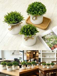 1/3Pcs Artificial Mini Potted Plants, Faux Small Greenery Bonsai, Fake Grass Shrub With White Plastic Pot, Realistic Desk Topiary Tiny Potted, Faux Green Bushes,Artificial Potted Plant For Shelf Window Sill Table Farmhouse Decor - Multicolor - View 2