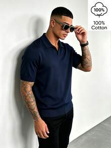 WAIT HIM Men's Casual Solid Color Turn-Down Collar Short Sleeve Knit Top - Navy Blue - View 6