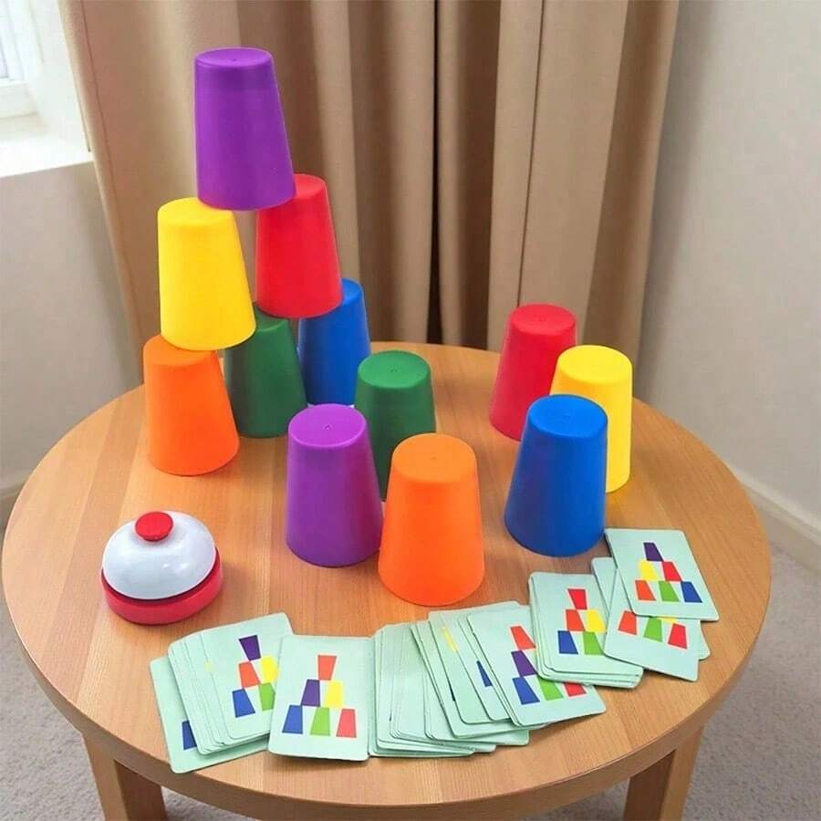 1 Set Juego de Tazas de Apilamiento Rápido, Juguete Interactivo de Apilamiento de Velocidad para Padres e Hijos, Incluye Tarjetas de Patrones y Campana, Juego de Mesa de Entrenamiento de Lógica Educativo, Adecuado para Reuniones Familiares