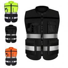 Reflective Safety Vest With Zipper And Pockets, Unisex, High-Visibility, Suitable For Construction Sites, Drivers, And Warehouse Work; Available In 3 Colors. - Black - View 12
