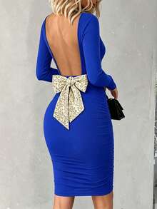 ChicMe High Neck Backless Long Sleeve Ruched Bodycon Dress, Shiny Sequin Bow Decor, Mid-Length Party Dress - Blue - View 2
