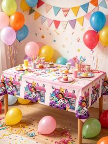 MASSDI Gabby Pastel Pink Disposable Party Tablecloth, Cartoon Character & Dollhouse Pattern Rectangular Table Cover, Waterproof Spill‑Proof Table Decor For Backyard Birthday Gathering, Festival Party Supplies - Multicolor - View 8