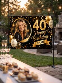 1pc - Customized Birthday Celebration Backdrop, Customized Blue & Gold Theme Printed Poster - Personalized Gold & Colorful Confetti And Star Decorations, Suitable For Celebration Party, Birthday Gathering, Home Decor Background, Customizable Anniversary, Personalized Birthday Party, Customized Photo And Name Poster - Multicolor - View 5