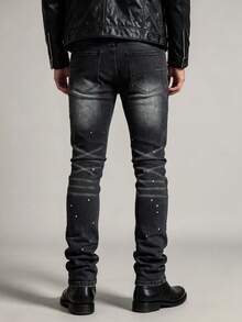Men's White Splatter Slim Straight Fit Jeans, Vintage Black Gradient Cat Whisker Distressed Cross-Texture Stretch Denim - Black - View 4