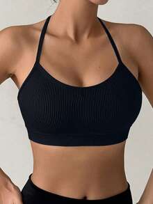 DAZY EMUPER 1pc Breathable Elastic Seamless Racerback Wirefree Sports Bra, Removable Pads - Black - View 2