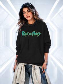 SHEIN X Rick and Morty 1件中性黑色寬鬆連帽衛衣，雙面動漫印花，卡通街頭風秋季款 - 黑色 - 查看 2