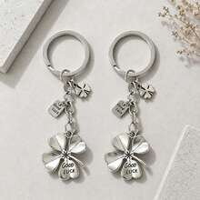 1pc/2pcs Unisex Alloy Minimalist English Letter Lucky Four-Leaf Clover Pendant Double-Sided Letter Charm Small Four-Leaf Clover Accessory Simple Versatile Bag Charm - Silver - View 3