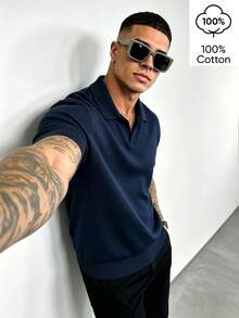 WAIT HIM Men's Casual Solid Color Turn-Down Collar Short Sleeve Knit Top - Navy Blue - View 4
