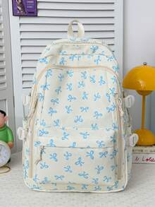 Newborn Backpack; Bow Print Backpack, Suitable For Elementary And Middle School Students - Blue - View 8