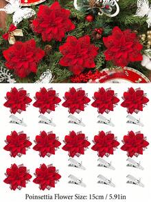 1/10/20/30pcs Shiny Gold Christmas Flower Decor Clips, DIY Holiday & Seasonal Decoration, Suitable For Weddings, Christmas Trees And Parties, Easy To Install, Durable - All Red - View 4