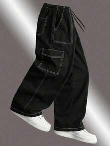 Men's Loose Fashion Sports Long Pants, Featuring Minimalist Solid Color Wide Leg Design, Drawstring Waist, Large Pockets, Suitable For Daily Walking, Work, Travel And Other Occasions. Made Of 100% Polyester Fiber, This Thin Wide Leg Casual Pants Is Suitable For All Season Wear. - Black - View 1