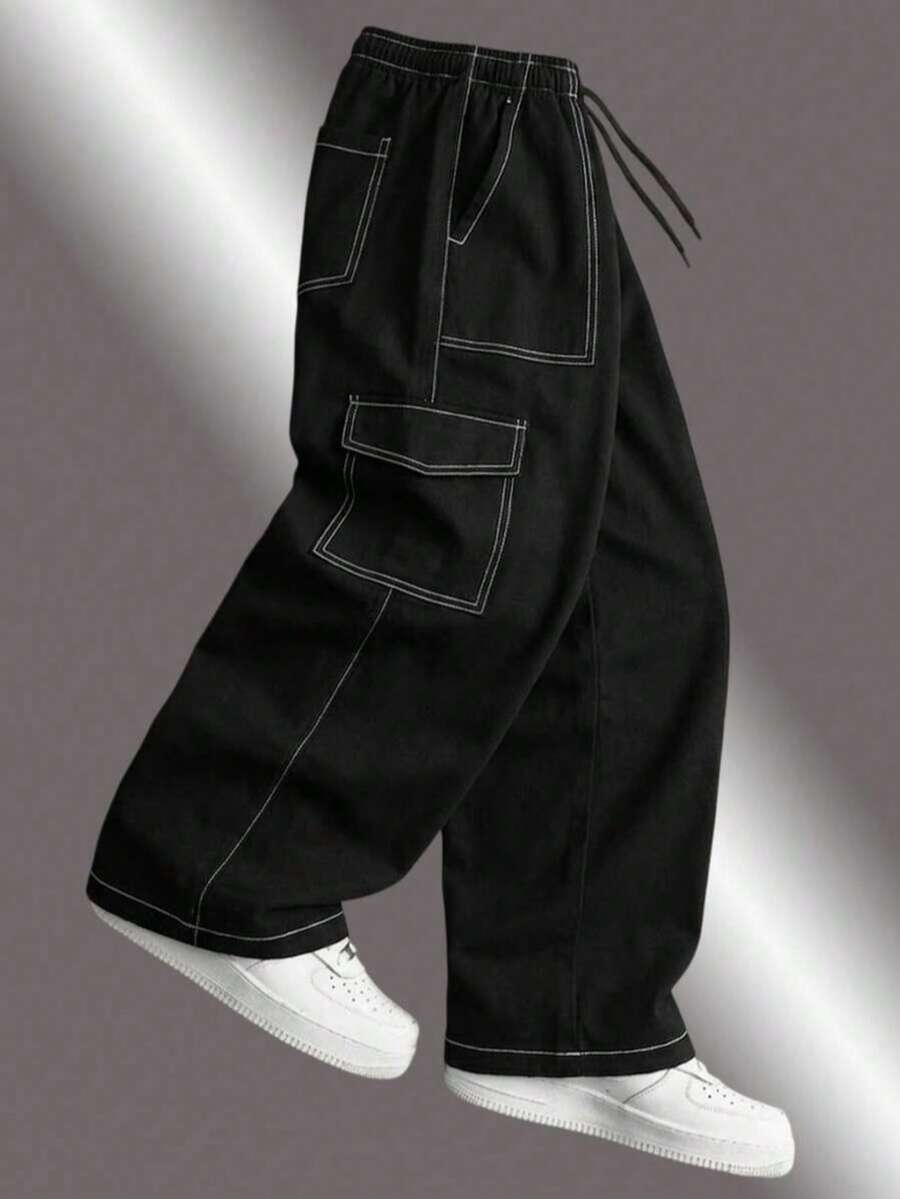 Men's Loose Fashion Sports Long Pants, Featuring Minimalist Solid Color Wide Leg Design, Drawstring Waist, Large Pockets, Suitable For Daily Walking, Work, Travel And Other Occasions. Made Of 100% Polyester Fiber, This Thin Wide Leg Casual Pants Is Suitable For All Season Wear. - Black - View 1