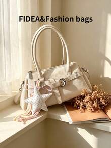 Women's Shoulder Underarm Bag, Solid Color PU Material With Leopard Print Element Design, Metal Shoulder Strap Decoration, Versatile Fashion, Comes With Personalized Star Pendant, Suitable For Travel, Shopping, Dating, Gift-Giving And Other Occasions - Beige - View 4