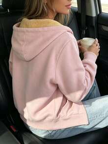 Women's Pink Warm Lined Hooded Zip-Up Jacket, Autumn/Winter Casual Long Sleeve Drawstring Pocket Sweatshirt - Pink - View 5