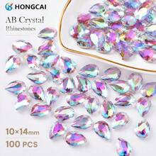 HONGCAI 100pcs 10x14mm Teardrop Glass Rhinestones, AB Multicolor Flat Back Asymmetrical Crystal Drops, For DIY Phone Case, Clothing, Shoes, Bags - Colorful - View 1